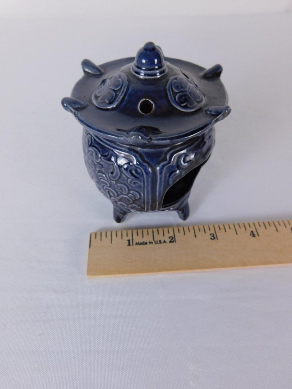 Vintage Blue Ceramic Floral Warmer Burner Small Footed Made In Japan Decor - Picture 7 of 8